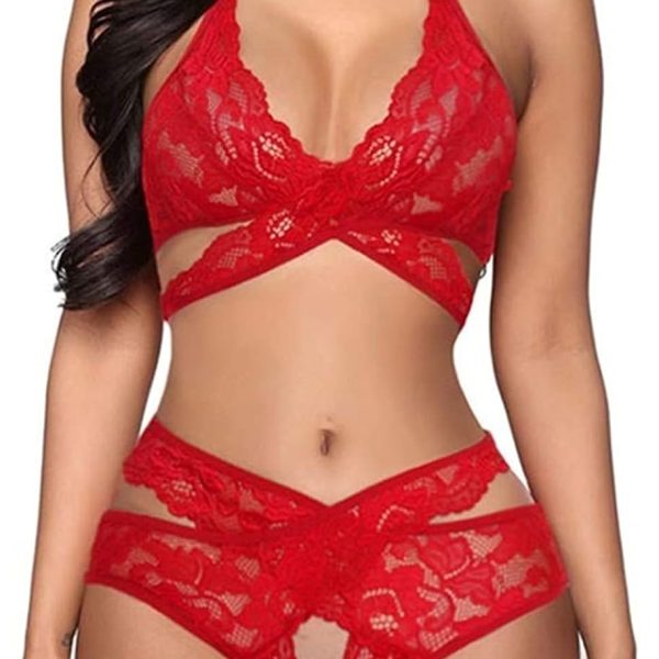 Women's Chemises & Negligees Women Solid Color Lace Lingerie Set Ladies Cross Strap Hollow Underwear Set Nightwear Sleepwear(Color : Blu, Size : M) (Blu M)